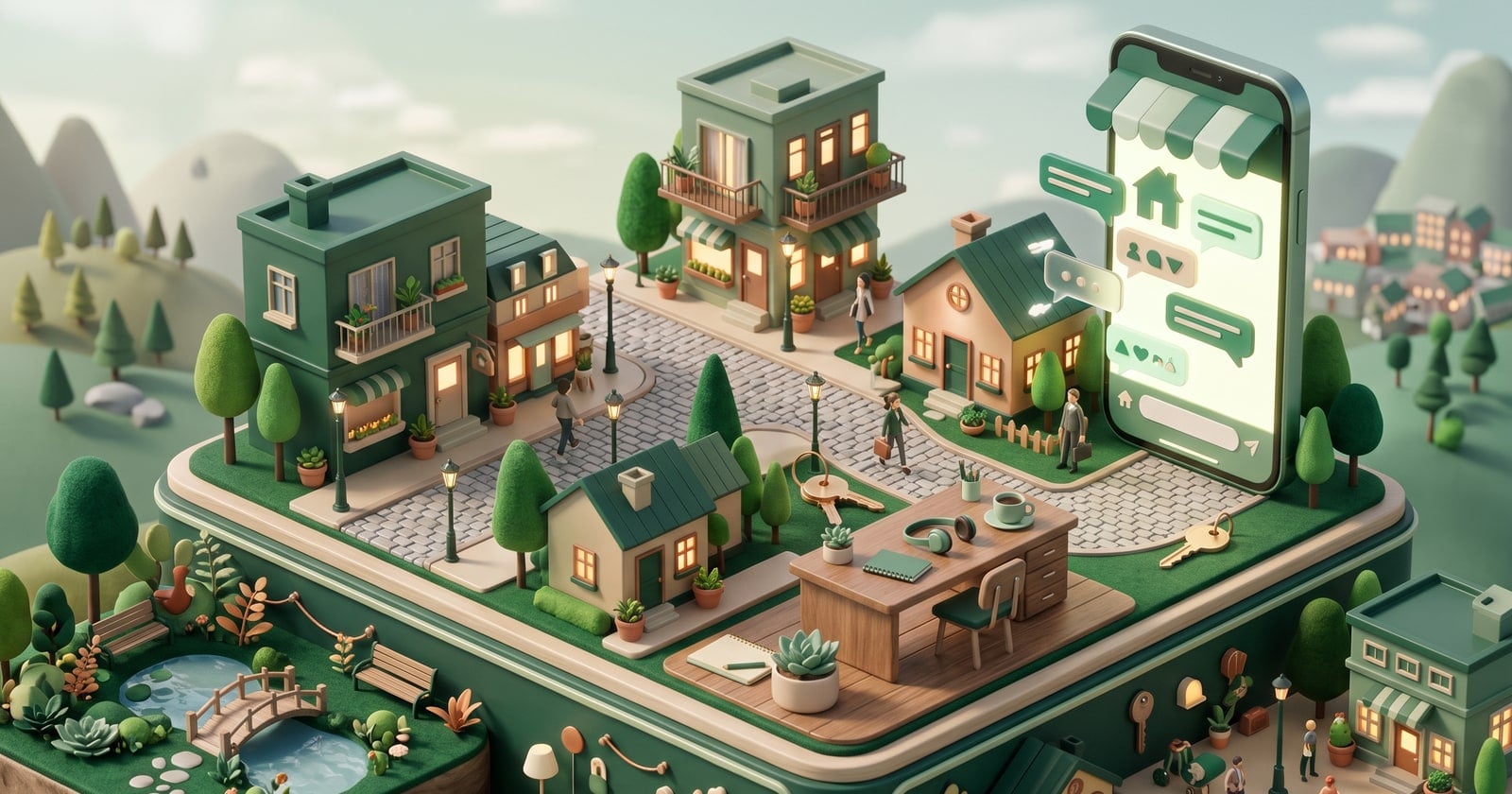 Maquete 3D de um bairro com um celular grande de onde saem balões de conversa em direção às casas