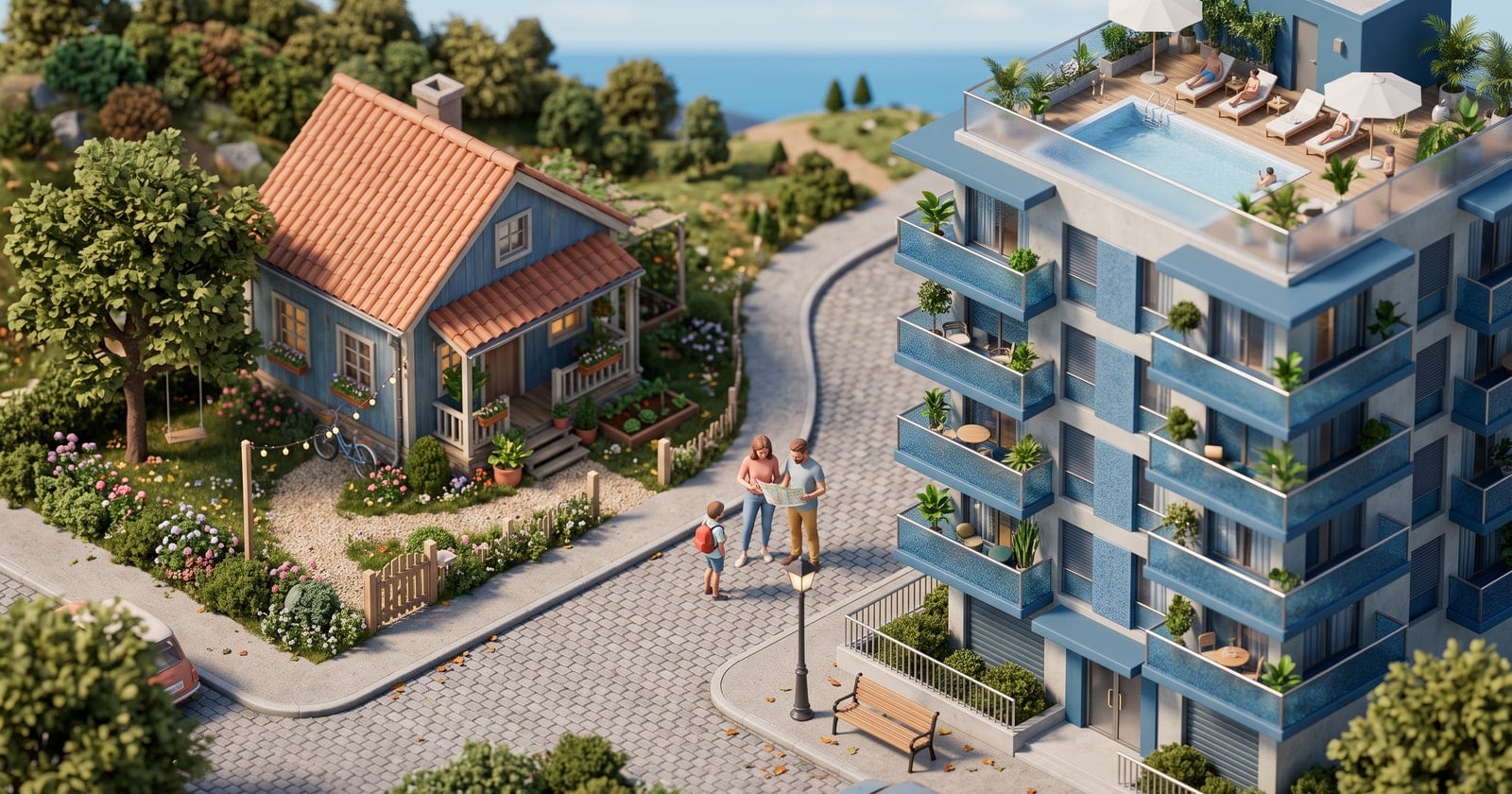 Maquete 3D de uma casa com jardim de um lado da rua e um prédio com piscina do outro, com uma família no meio