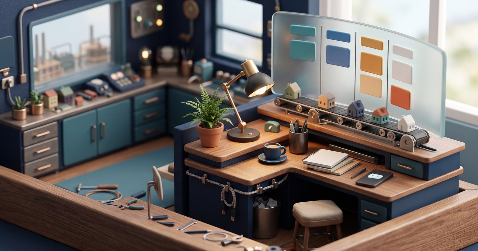 Maquete 3D de uma mesa de trabalho com um monitor mostrando um quadro de cartões e casinhas numa esteira