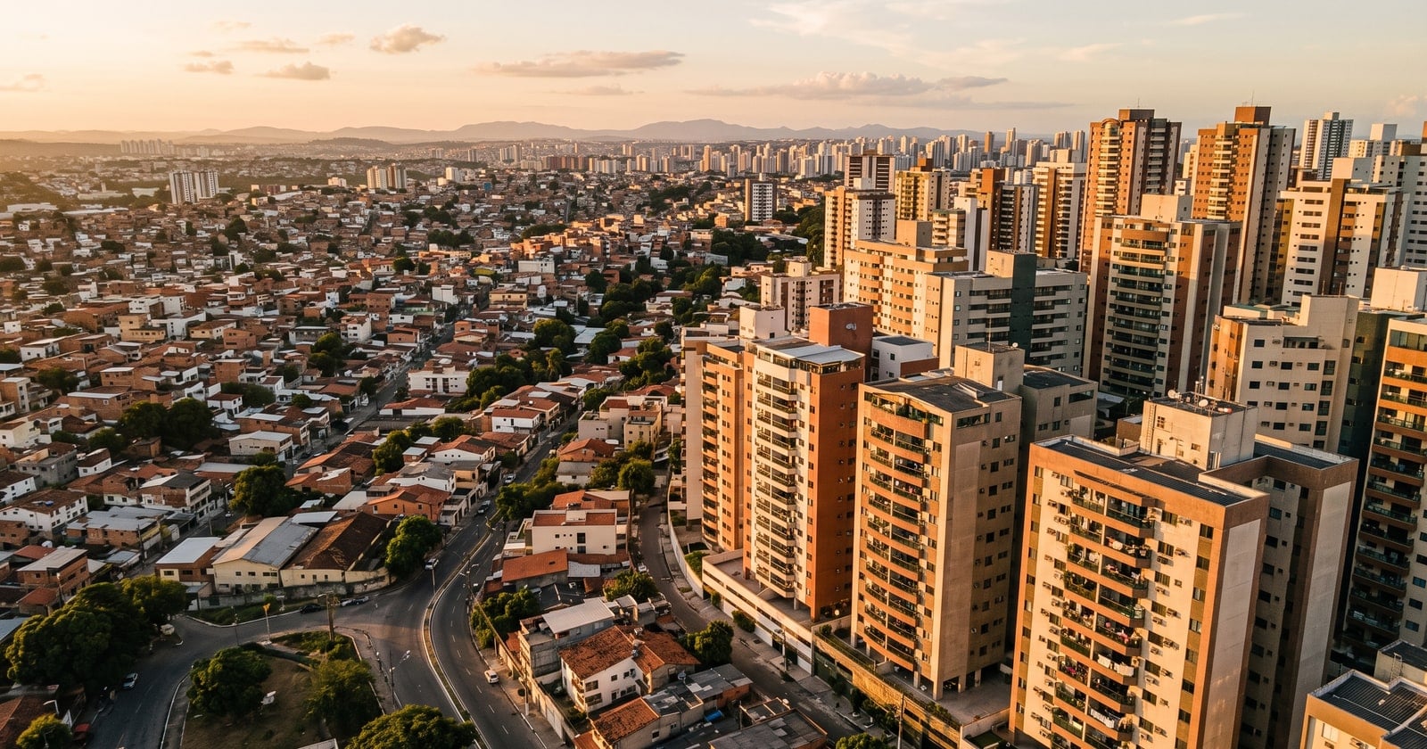 Vista aérea de prédios residenciais de uma grande cidade brasileira ao entardecer