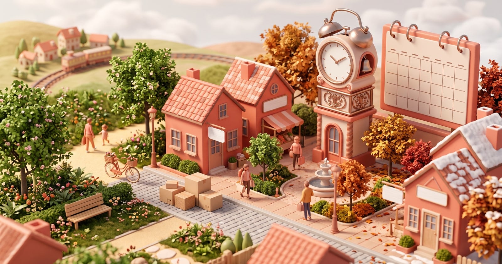 Maquete 3D de um bairro com um calendário grande, uma torre de relógio e caixas de mudança na calçada