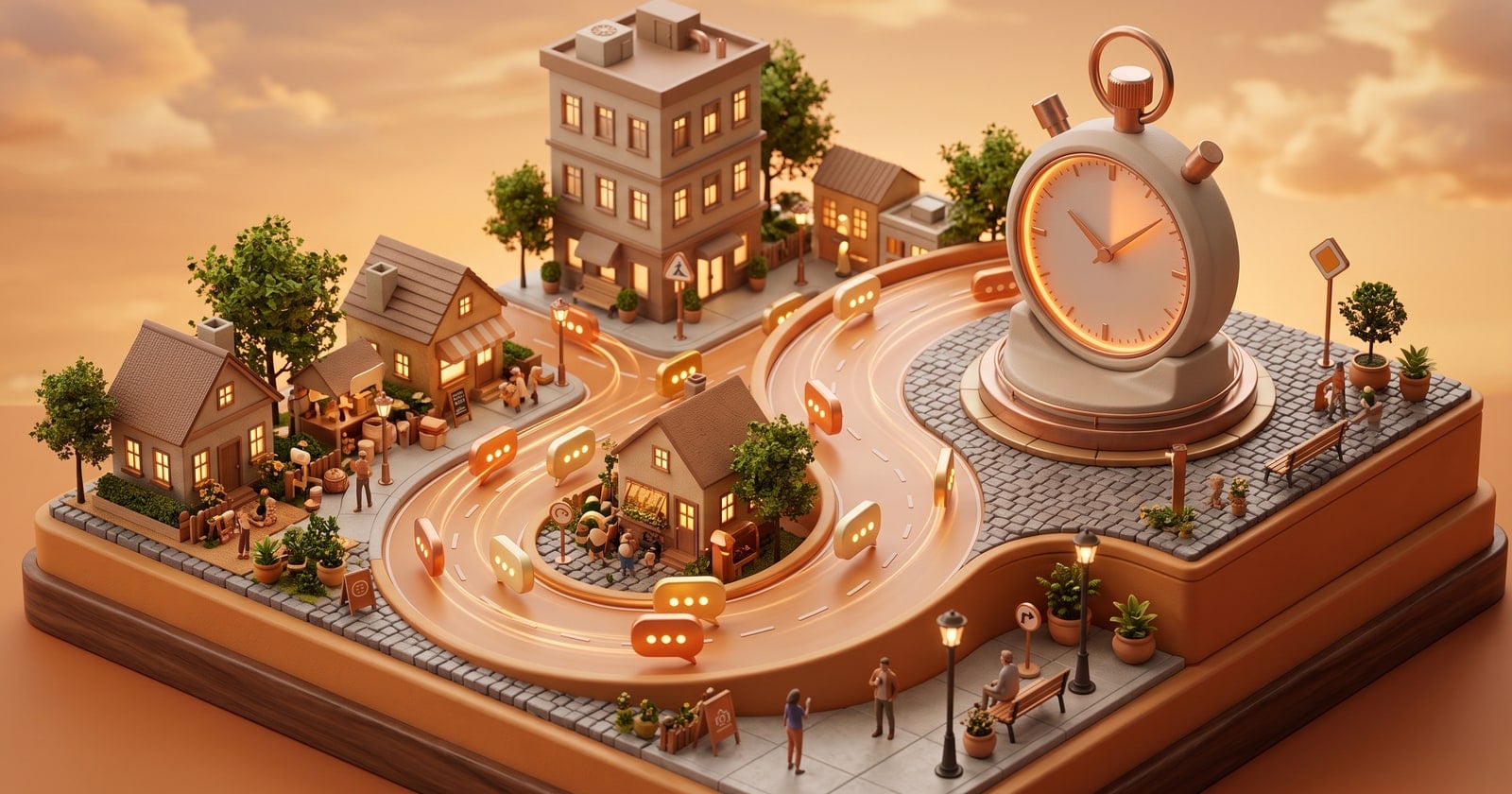 Maquete 3D de uma praça com um cronômetro gigante e balões de conversa correndo por uma rua até as casas