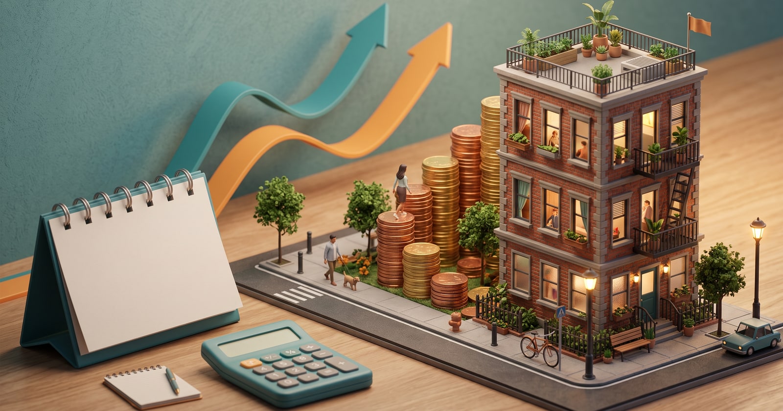 Maquete 3D de um prédio ao lado de pilhas de moedas que sobem, duas setas, um calendário e uma calculadora